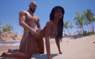  【3D】部落女王和酋长在无人的沙滩上激情SEX 